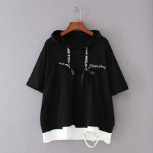 Load image into Gallery viewer, Plus Size Summer Hoodies Letter Embroidery Women Hooded Hoodies Short Sleeve Sweatshirt Hole Loose Pullovers Female Tops