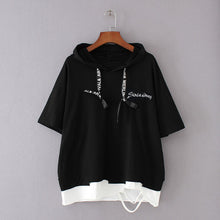 Load image into Gallery viewer, Plus Size Summer Hoodies Letter Embroidery Women Hooded Hoodies Short Sleeve Sweatshirt Hole Loose Pullovers Female Tops