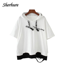 Load image into Gallery viewer, Plus Size Summer Hoodies Letter Embroidery Women Hooded Hoodies Short Sleeve Sweatshirt Hole Loose Pullovers Female Tops