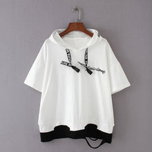 Load image into Gallery viewer, Plus Size Summer Hoodies Letter Embroidery Women Hooded Hoodies Short Sleeve Sweatshirt Hole Loose Pullovers Female Tops